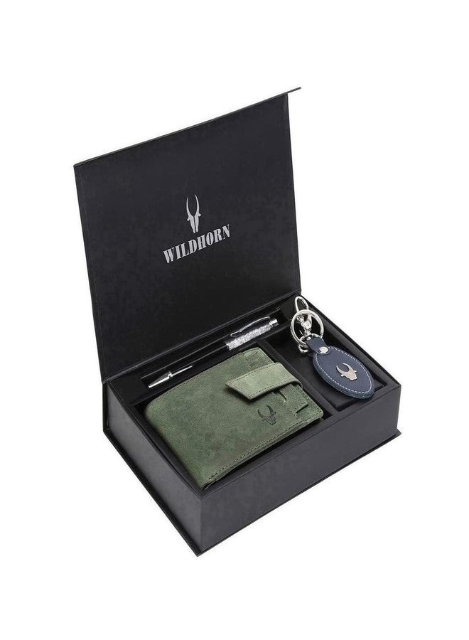WildHorn Green Leather Men's Wallet, Keychain and Pen Combo Set (GIFTBOXMIX) - Image 1